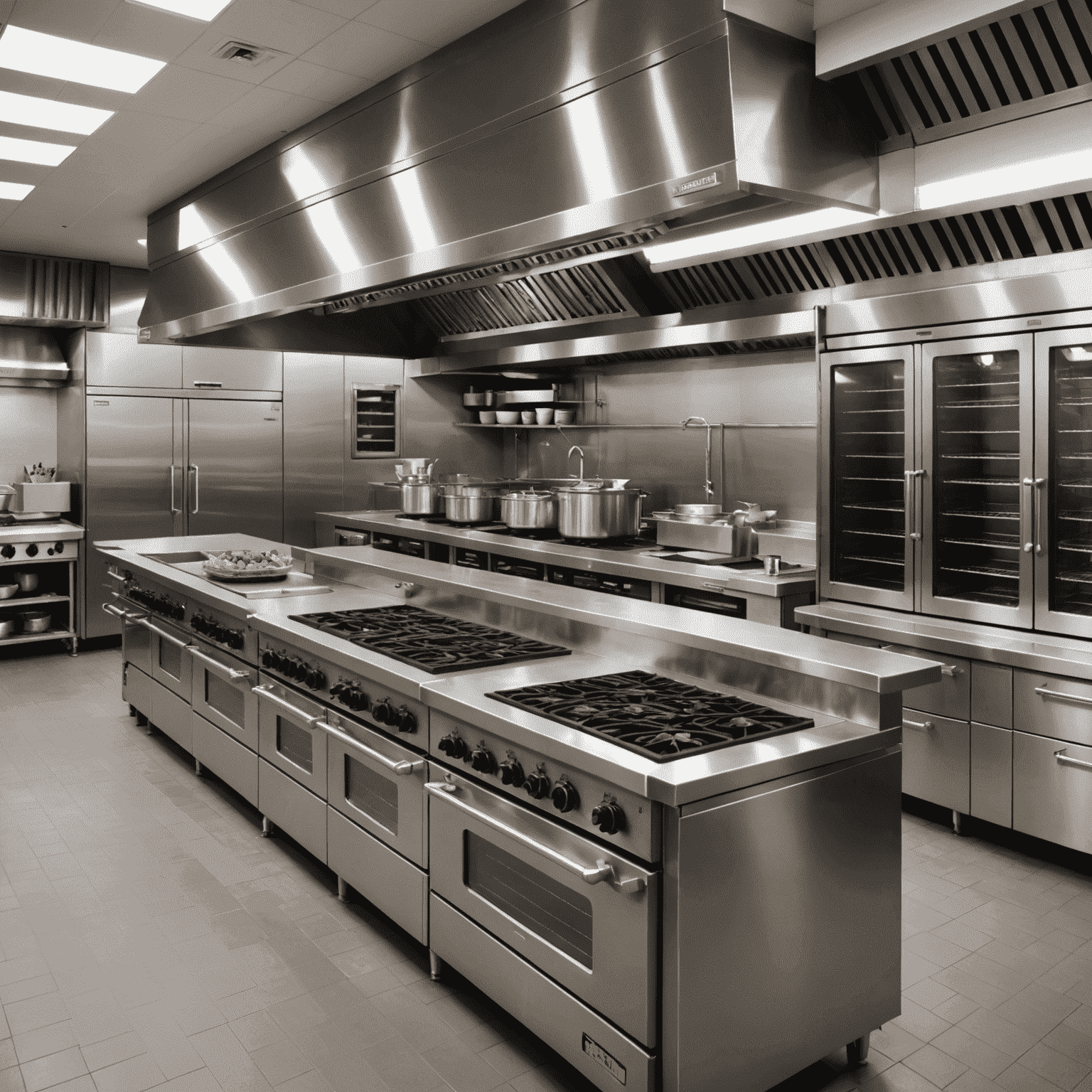 A modern, sleek commercial kitchen equipped with stainless steel appliances, including a large industrial oven, refrigeration units, and food preparation stations. The kitchen appears clean, organized, and efficient, showcasing the type of high-quality equipment available through Basaribet.