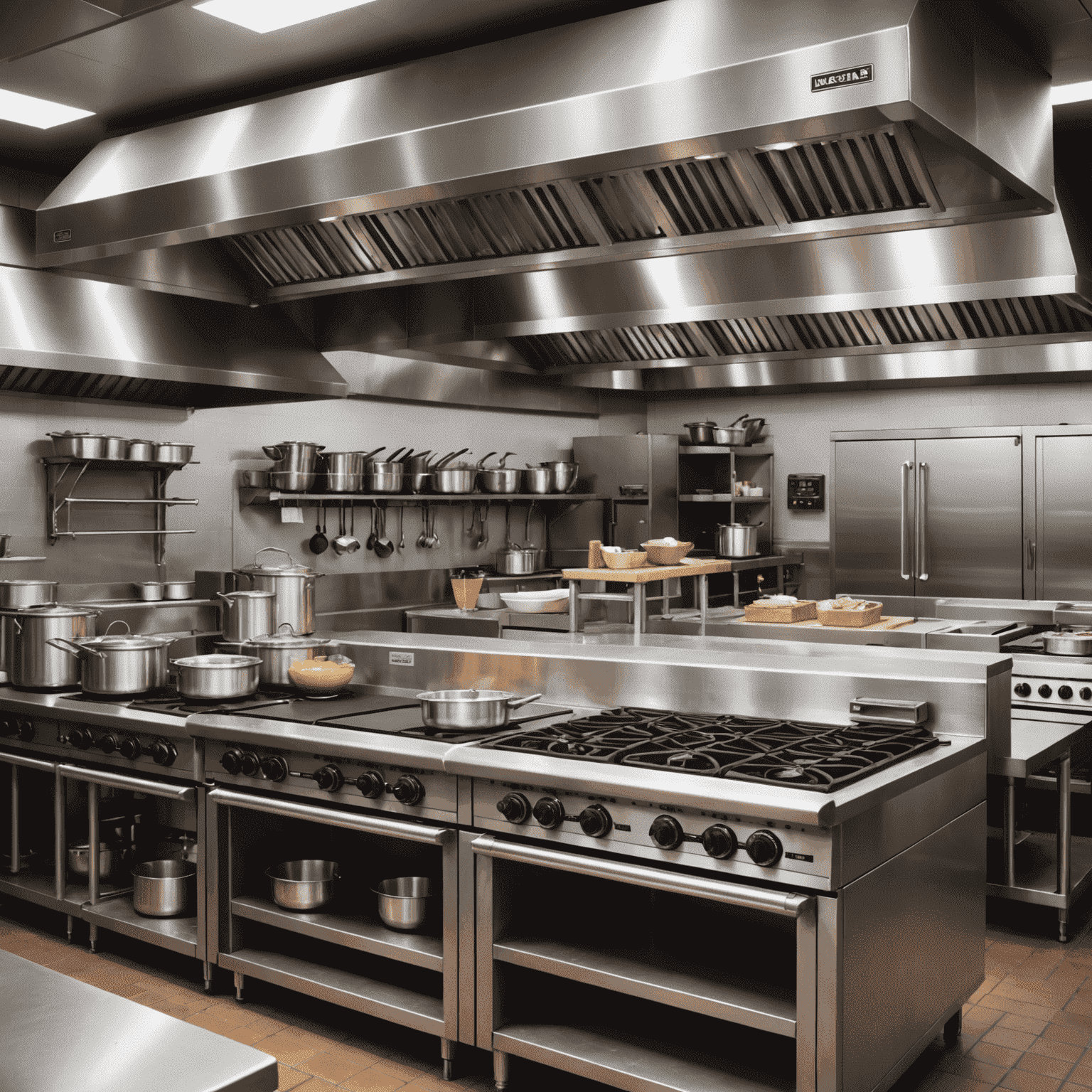 Various essential kitchen equipment including stainless steel prep tables, commercial ovens, and professional grade mixers in a modern restaurant kitchen setting