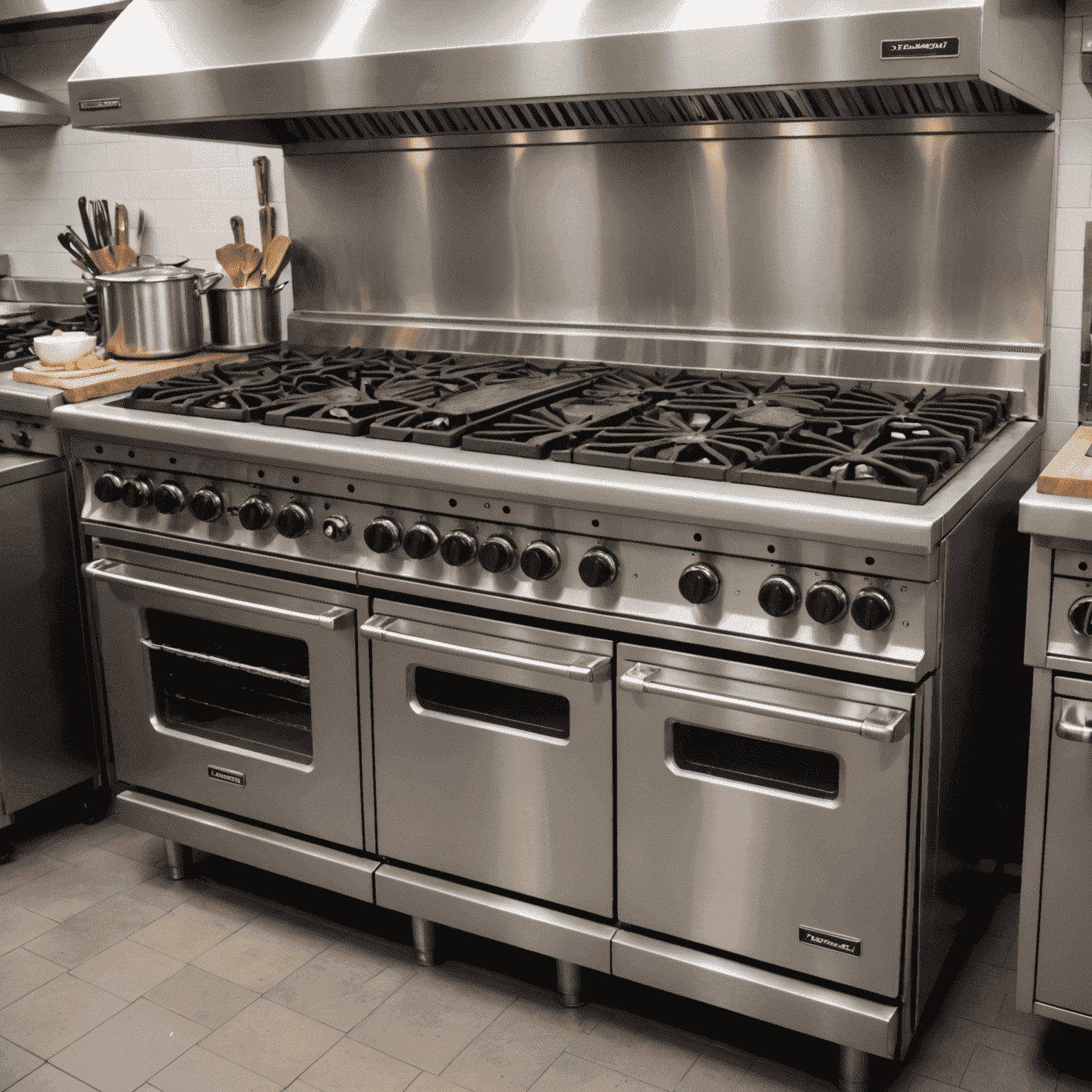 A large stainless steel commercial range with multiple burners and an oven, perfect for high-volume cooking in a restaurant kitchen