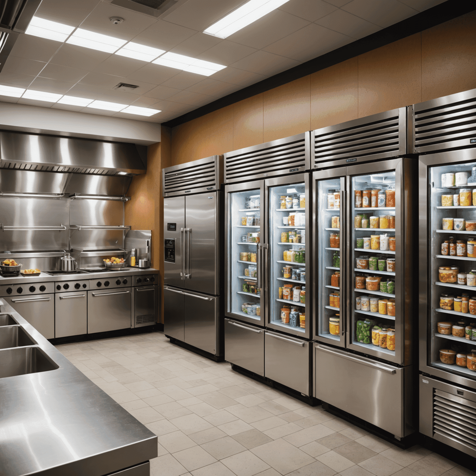 Various commercial refrigeration units in a professional kitchen, including walk-in coolers, reach-in refrigerators, and under-counter fridges