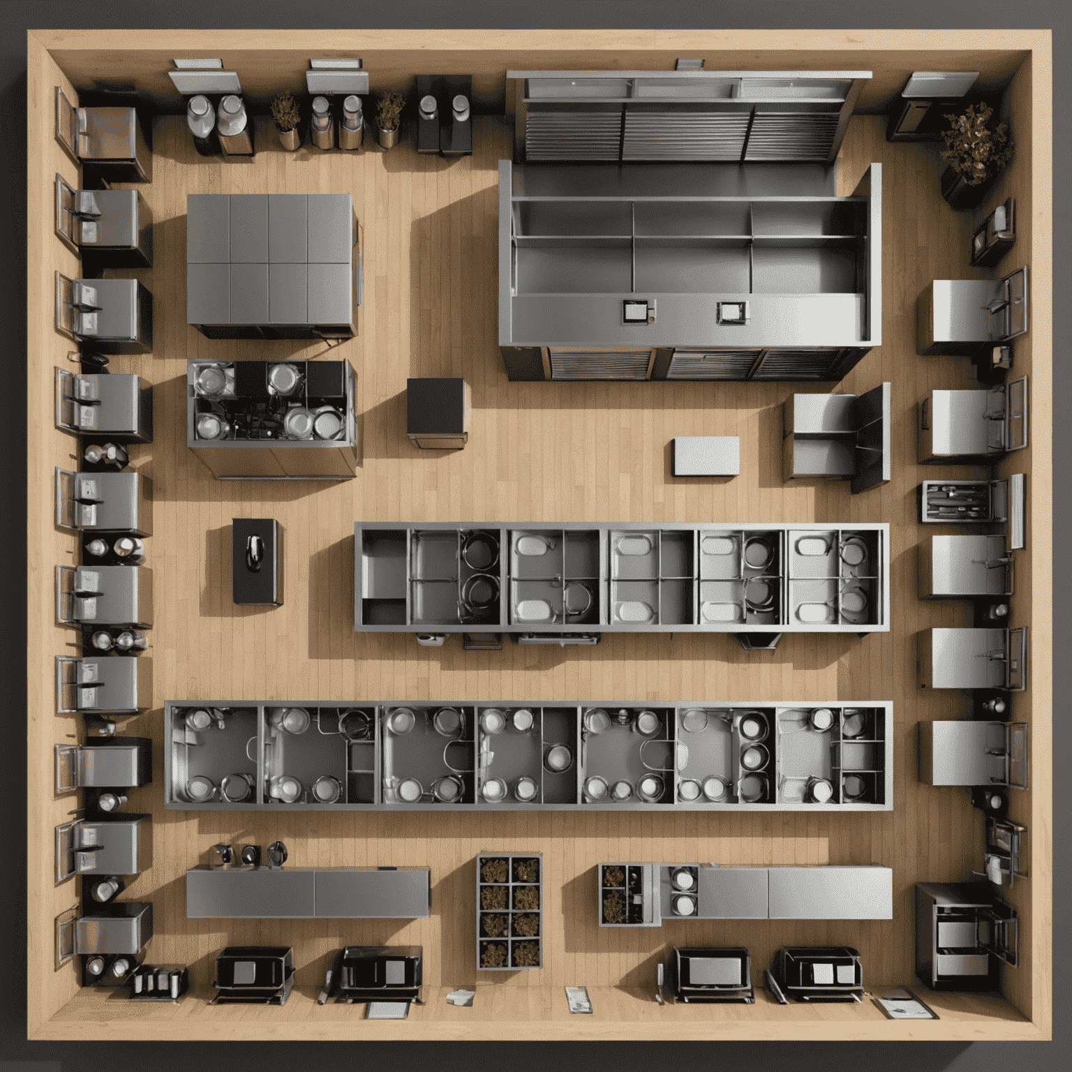 An overhead view of an efficiently designed restaurant layout, showcasing optimal placement of kitchen equipment, dining areas, and service stations