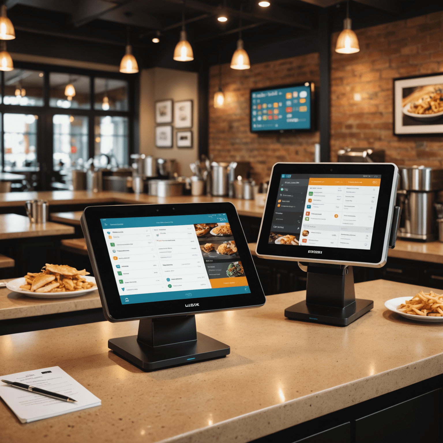 Various restaurant POS systems displayed on countertops, showing touchscreens with menu items and payment options