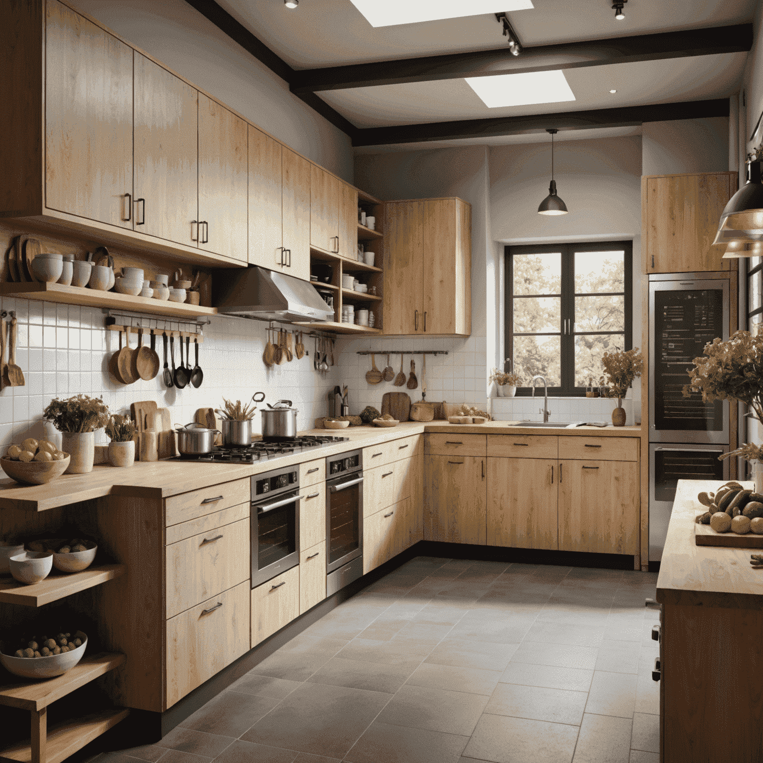 A modern, eco-friendly commercial kitchen with energy-efficient appliances and sustainable materials