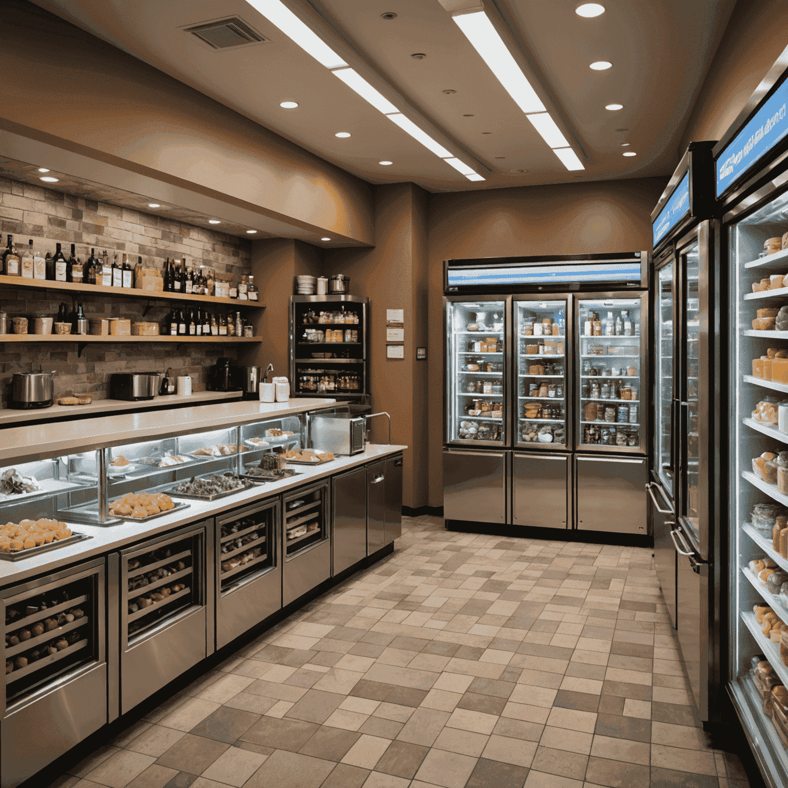 Array of commercial refrigeration systems including walk-in coolers, reach-in refrigerators, and under-counter fridges in a restaurant setting