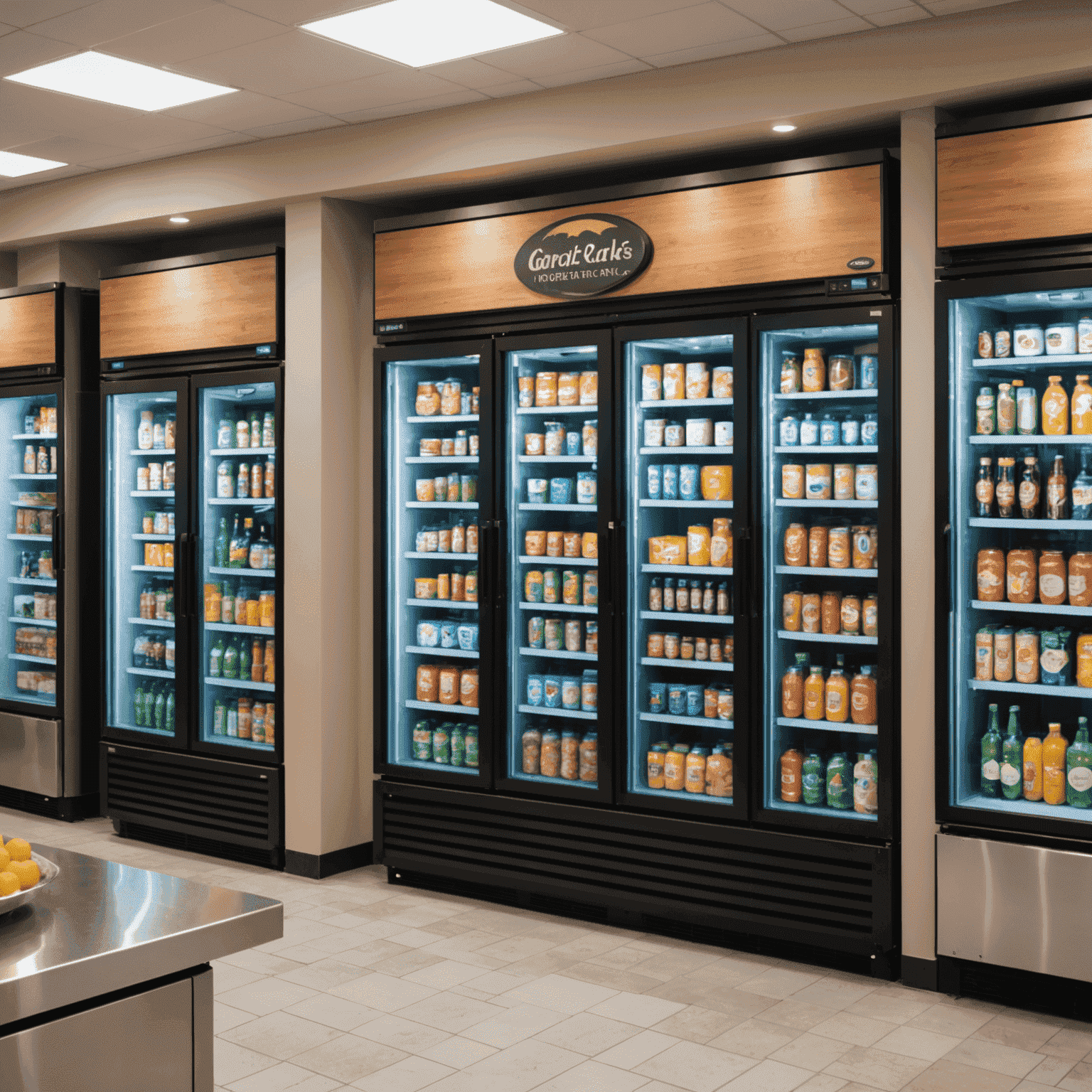 Various types of commercial refrigeration systems including walk-in coolers and display fridges