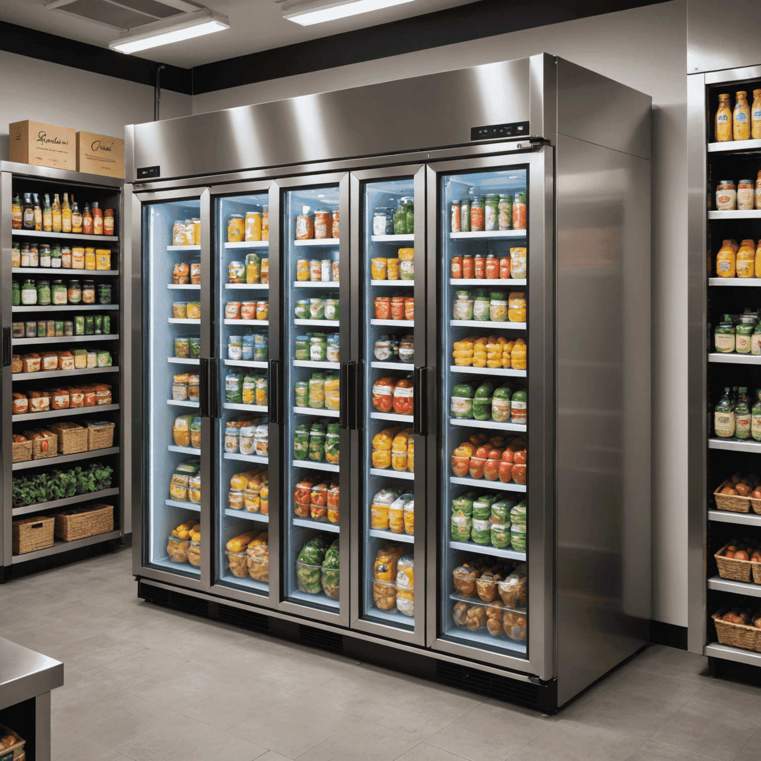 A spacious walk-in refrigeration unit with stainless steel shelving, ideal for storing large quantities of fresh ingredients