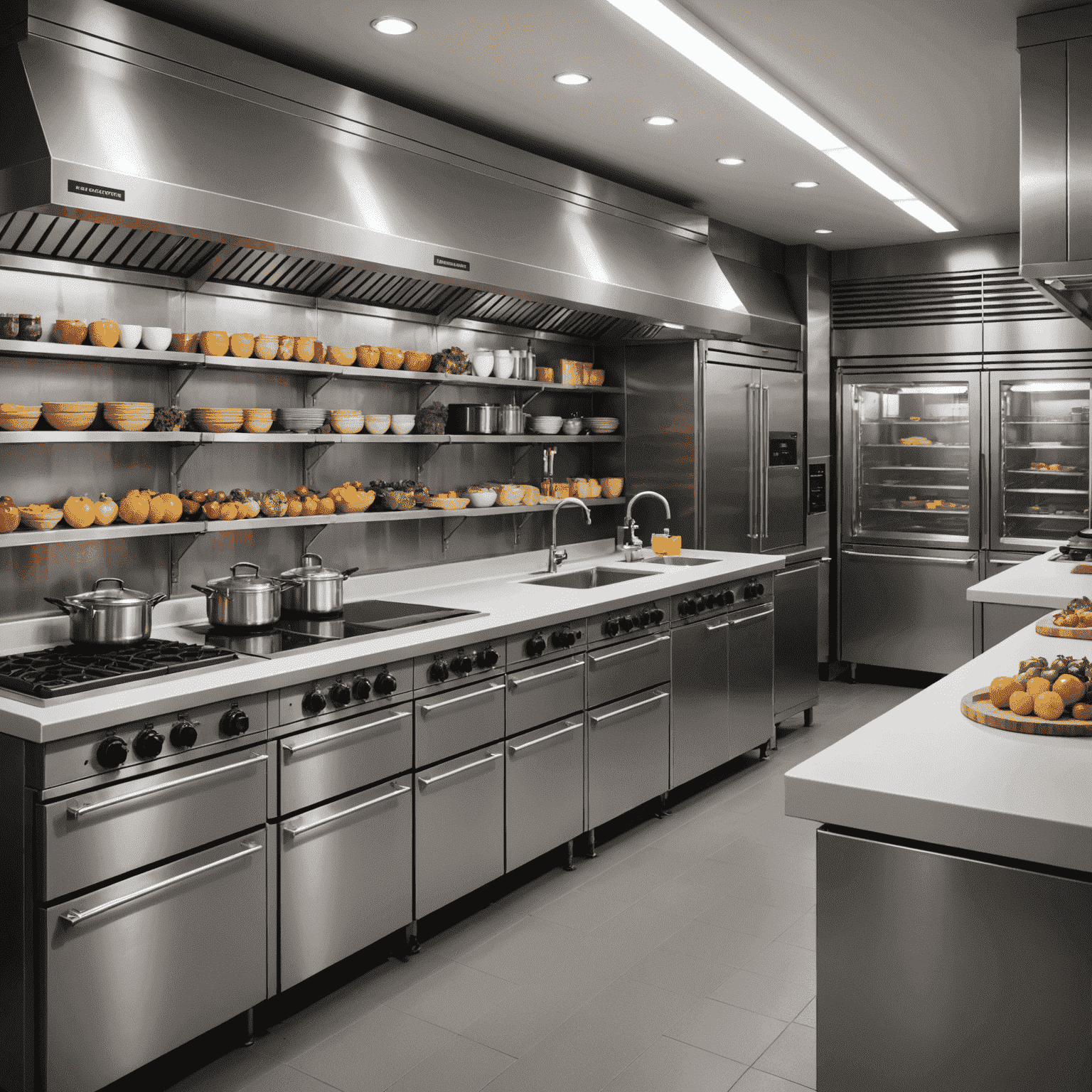 A modern commercial kitchen with an efficient layout showcasing various types of refrigeration units integrated seamlessly