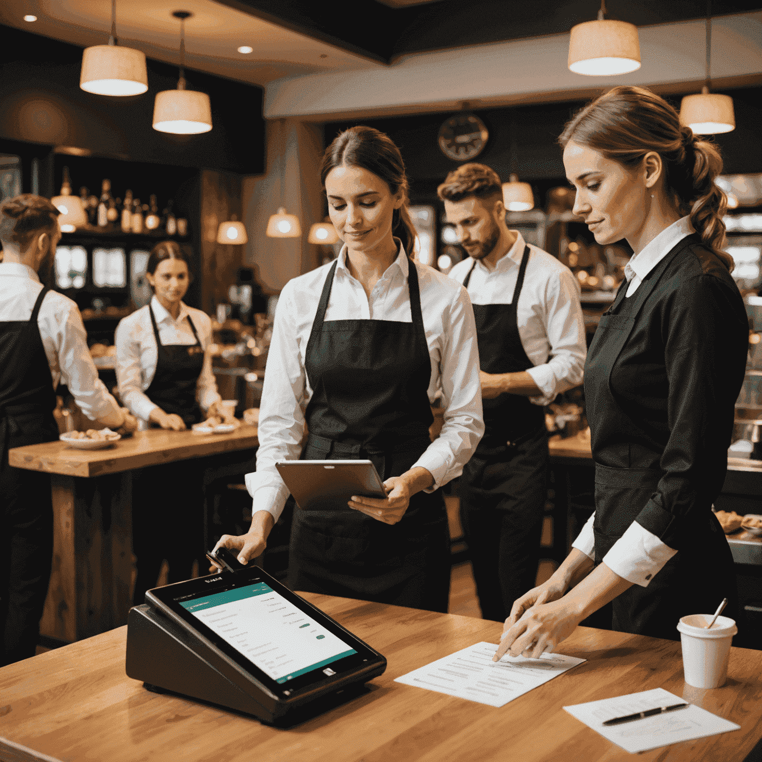 Restaurant staff using a modern POS system to take orders and process payments, with a busy dining room in the background
