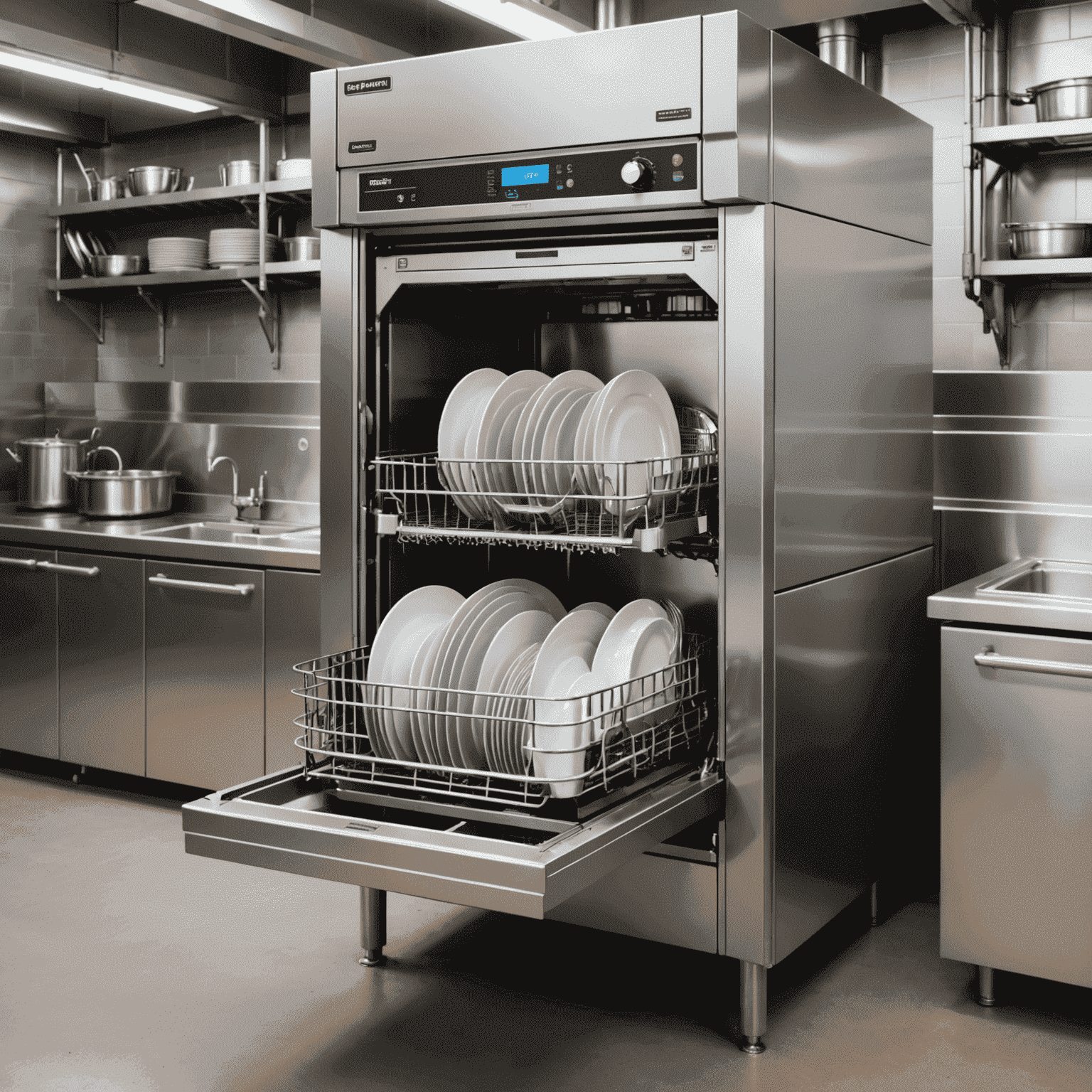 A high-capacity commercial dishwasher with a conveyor belt system, capable of cleaning large volumes of dishes quickly