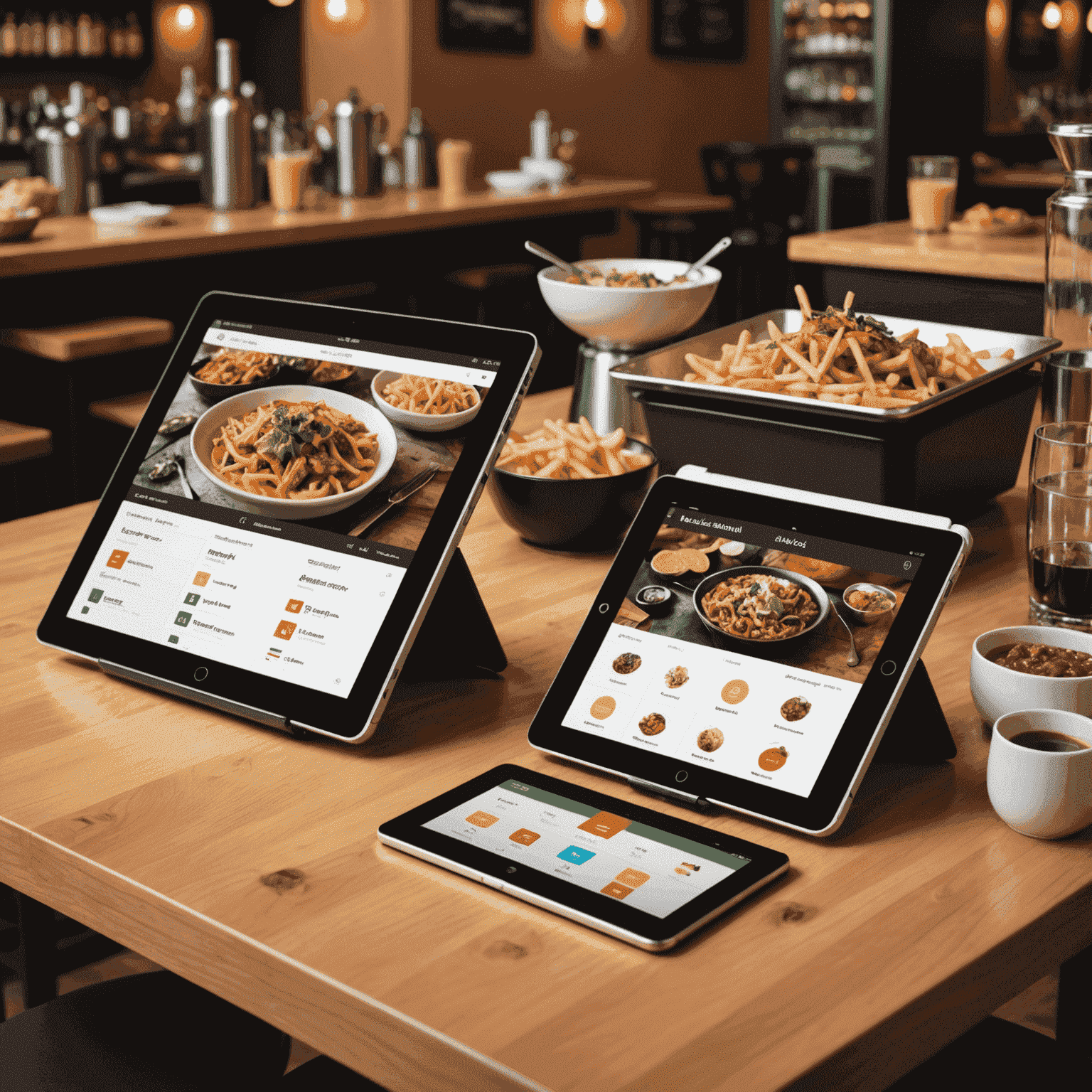 Various restaurant POS systems and interfaces displayed on tablets and touchscreens