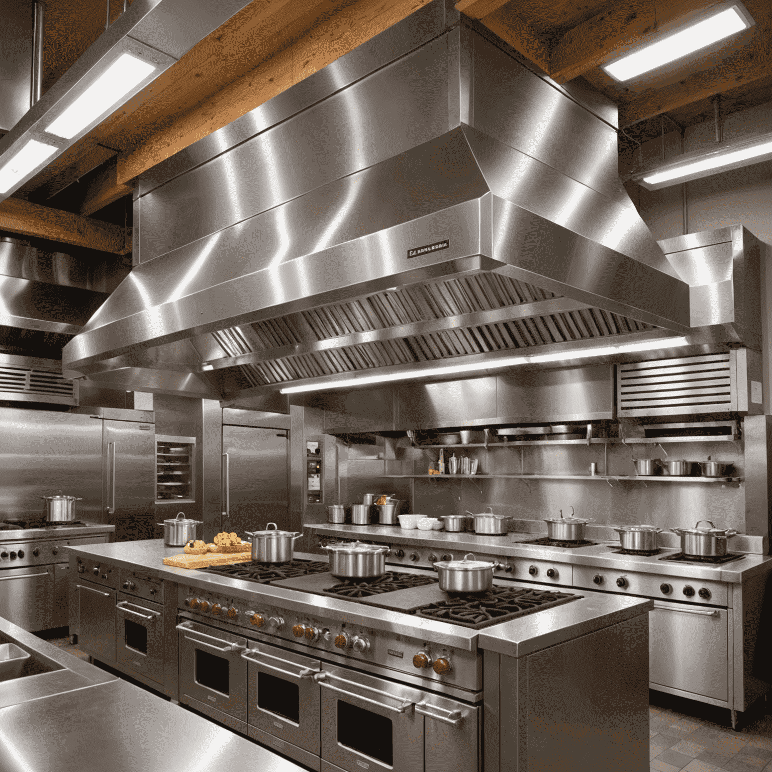 A stainless steel commercial exhaust hood system installed above a cooking line, removing smoke, heat, and odors from the kitchen